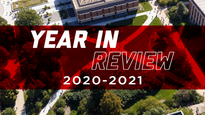 Year in Review 2020-21 text over aerial photo of campus